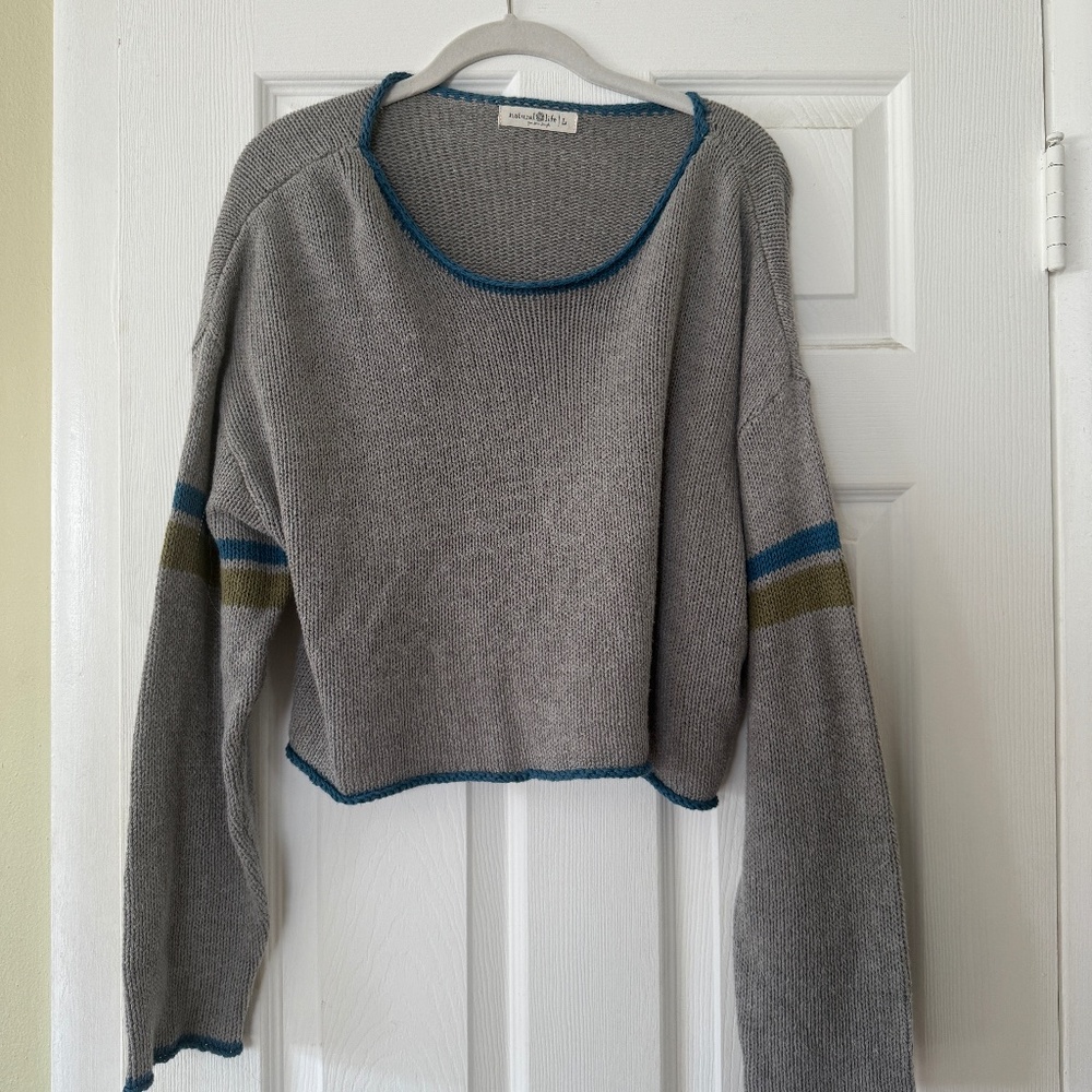 Natural Life Women Gray Cropped Oversized Long Sleeve Sweater